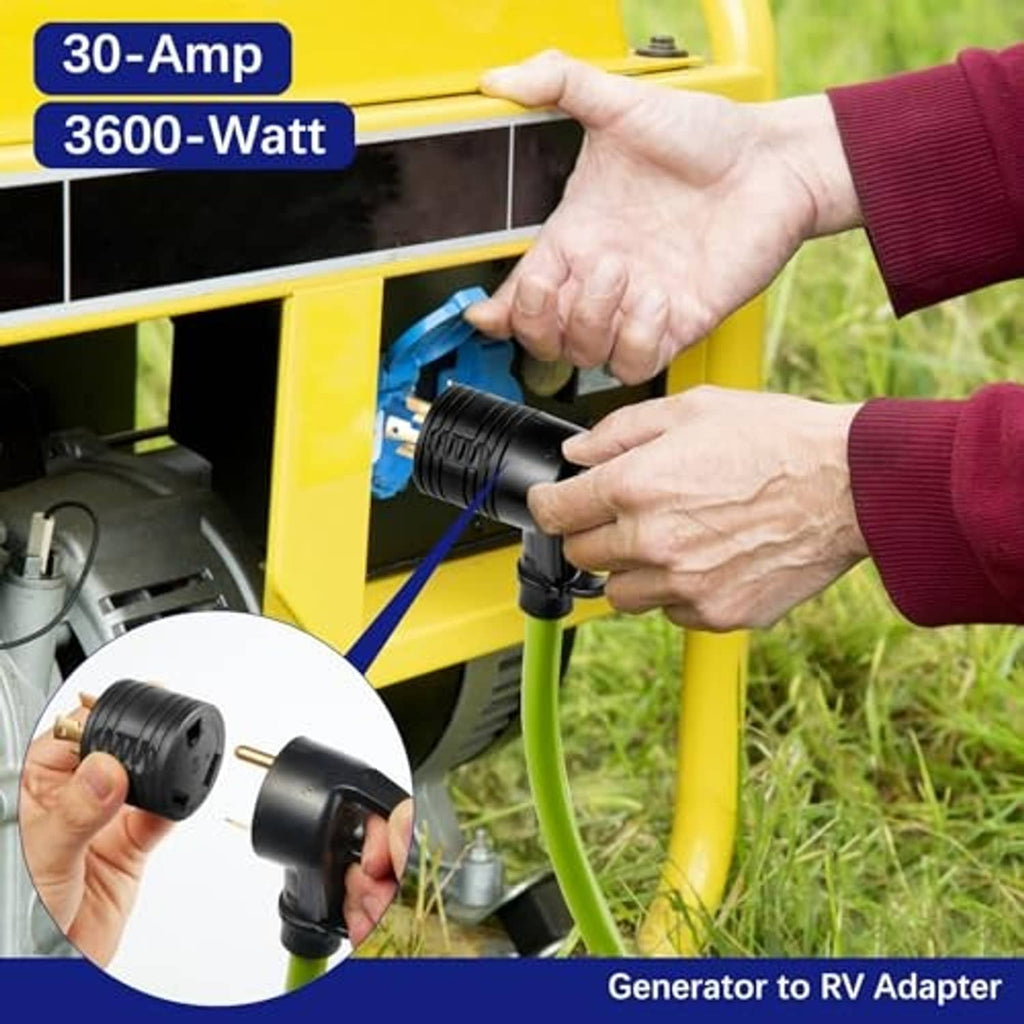 Black generator-to-RV adapter plug on power cord with brass prongs