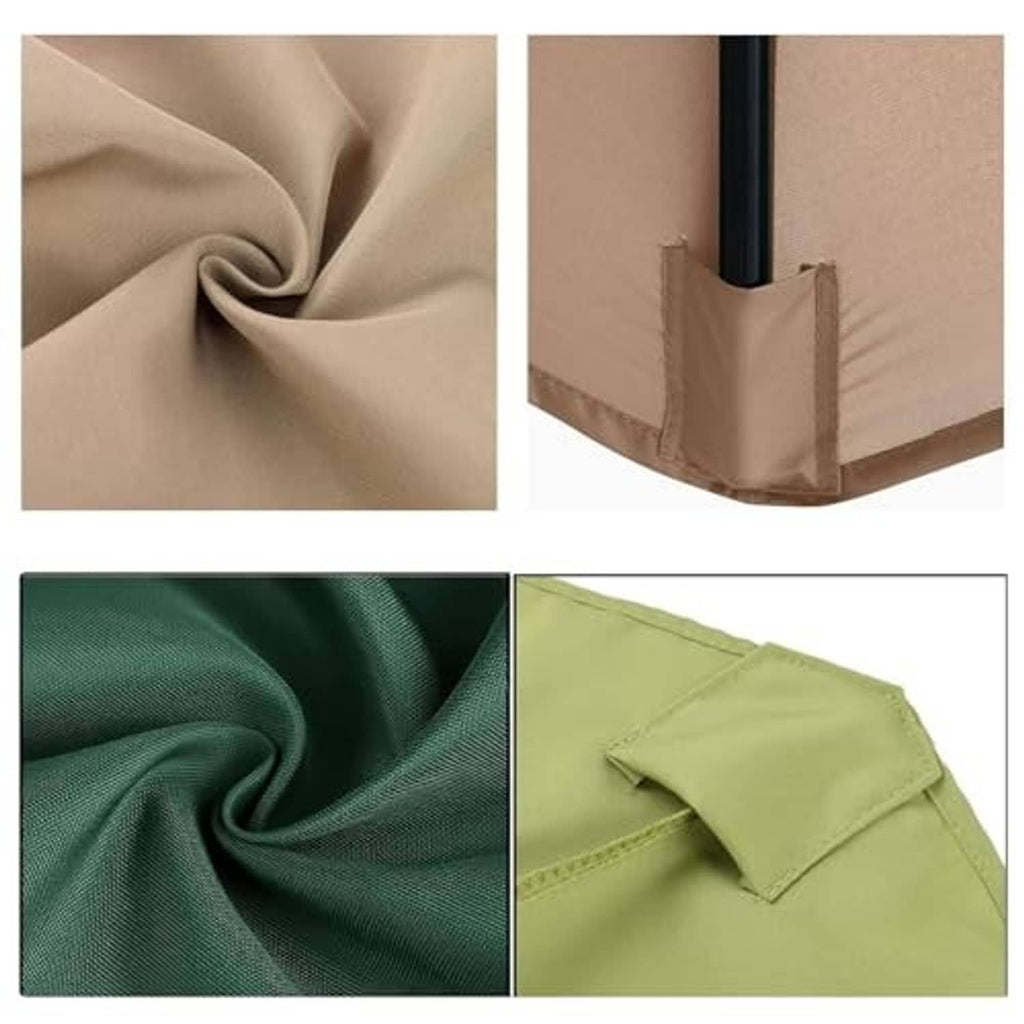 Polyester umbrella canopy fabric close-up swatches with stitched edges and hem