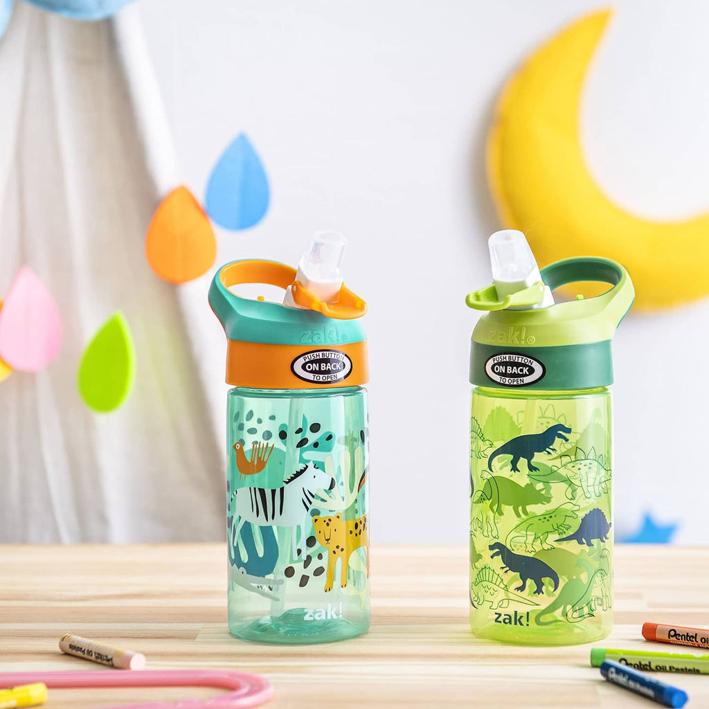 Kids dinosaur safari water bottles in teal and lime with flip spout lids and straw