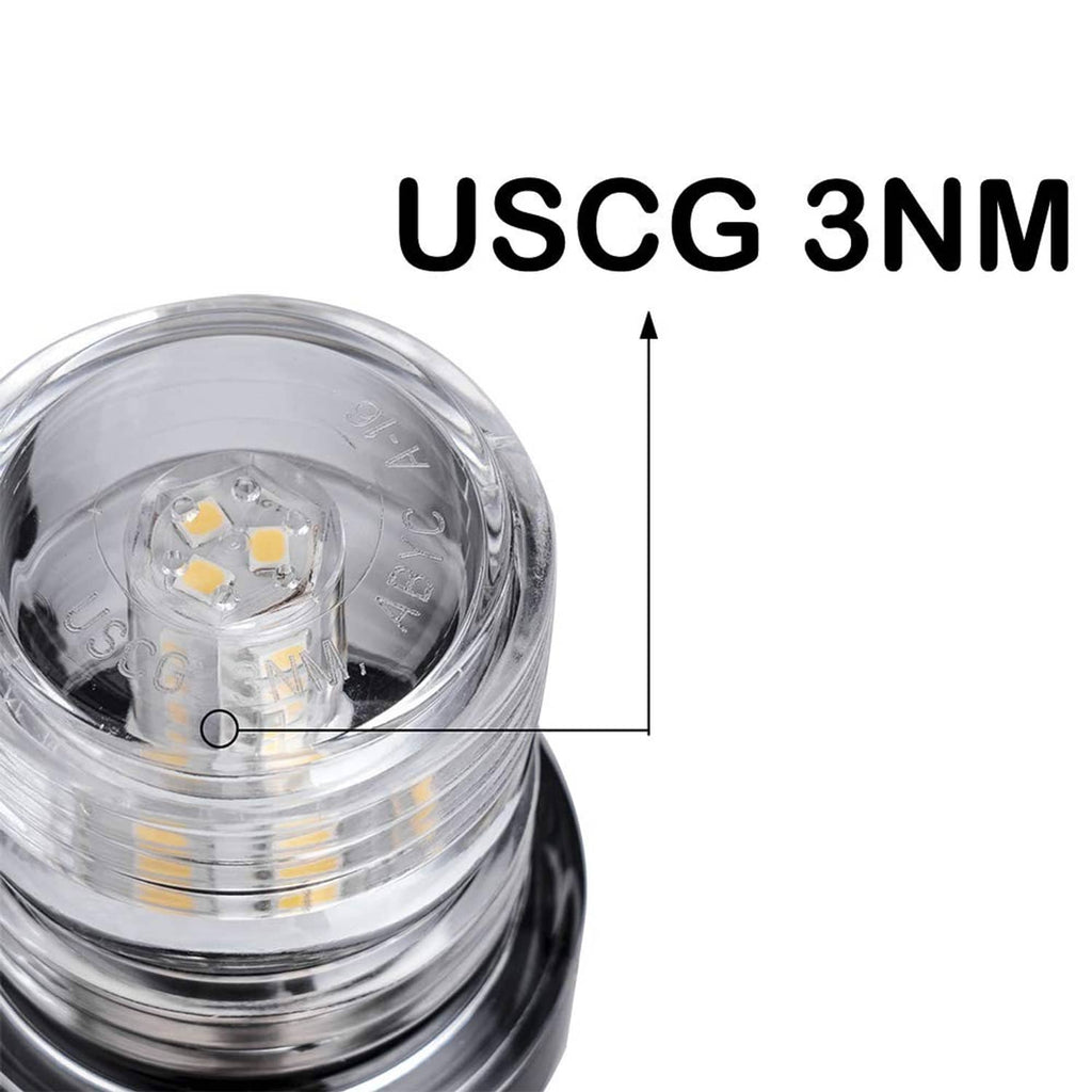 Close-up of Marine LED navigation light clear lens with visible LED chips on black stem