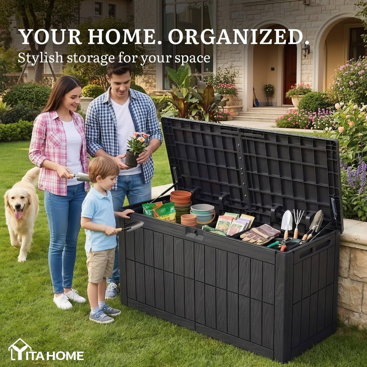 Dark gray outdoor deck storage box with open lid and stored patio items inside