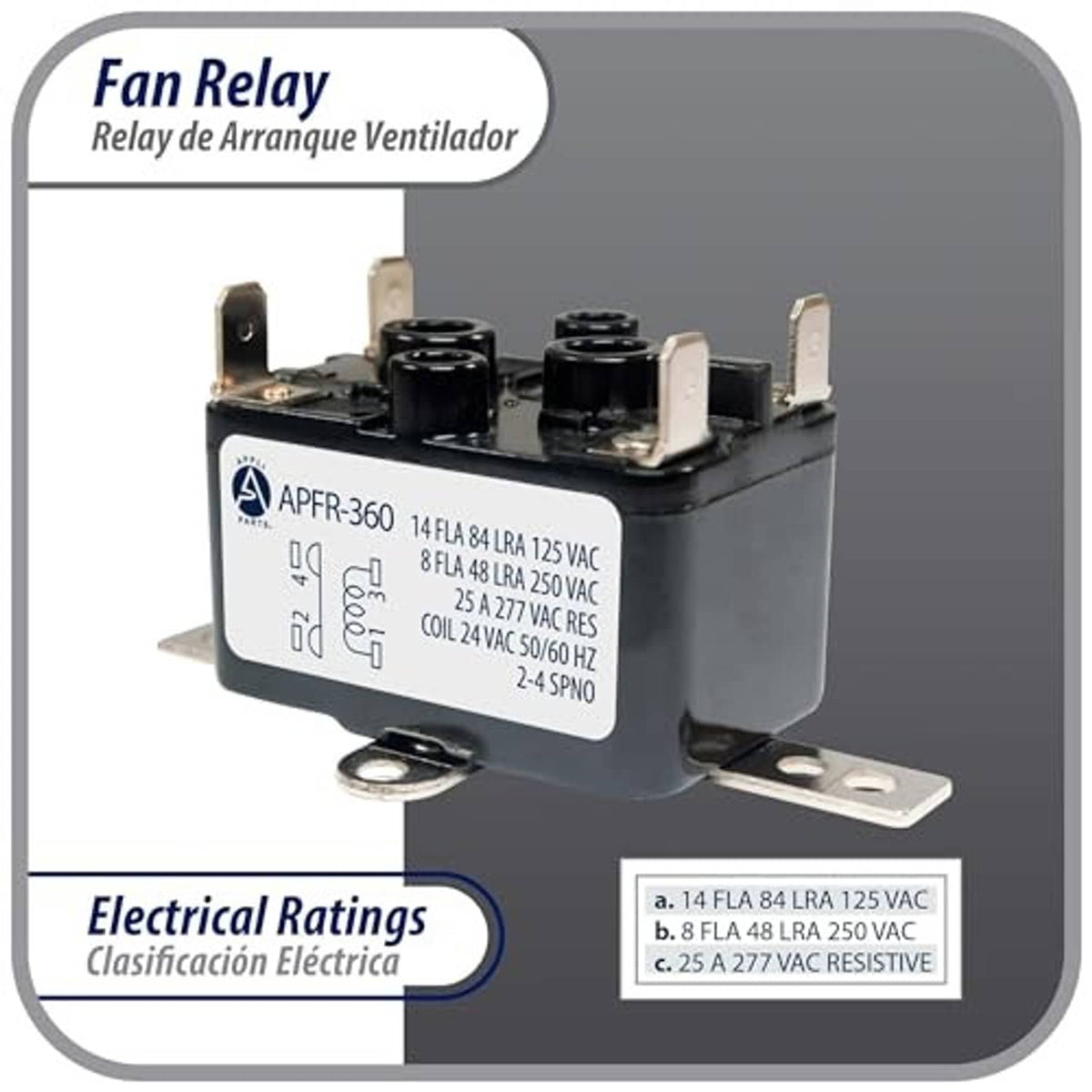 Fan relay with 24 VAC coil, electrical ratings label, and metal side mounting tabs