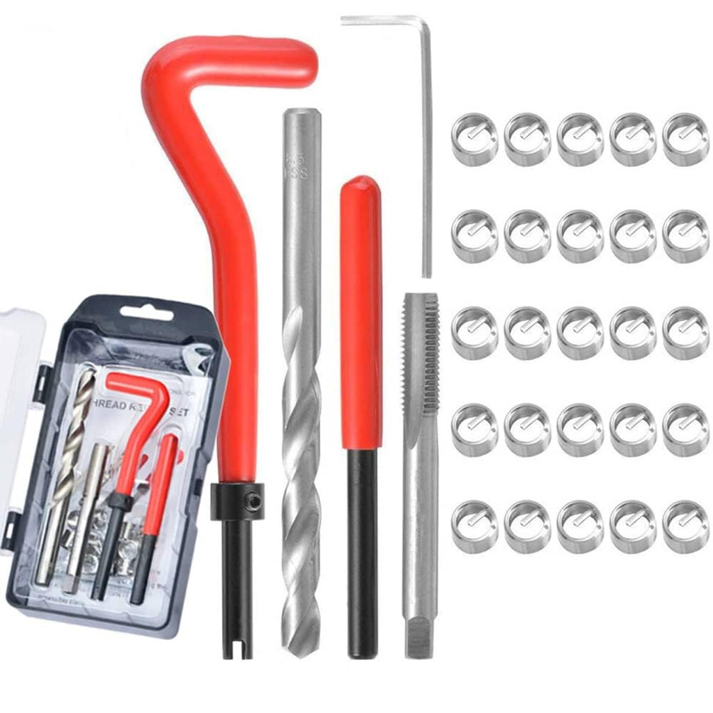 Stainless thread repair kit with red handle tools, drill bits, taps, and threaded inserts