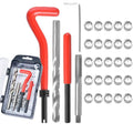 Stainless thread repair kit with red handle tools, drill bits, taps, and threaded inserts