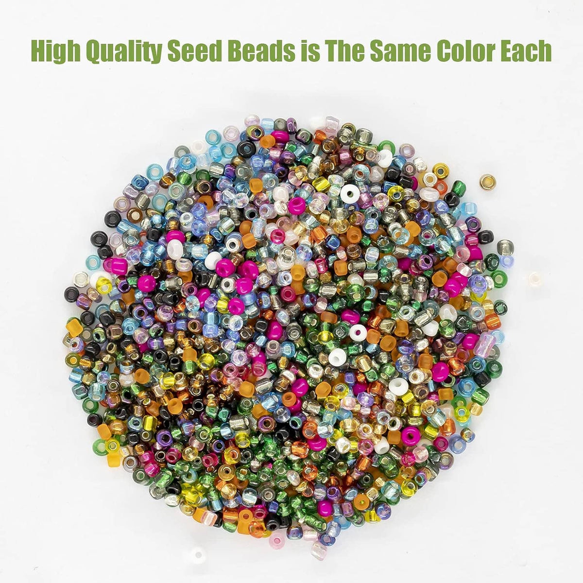 Mixed multicolor glass seed beads pile with shiny reflective highlights