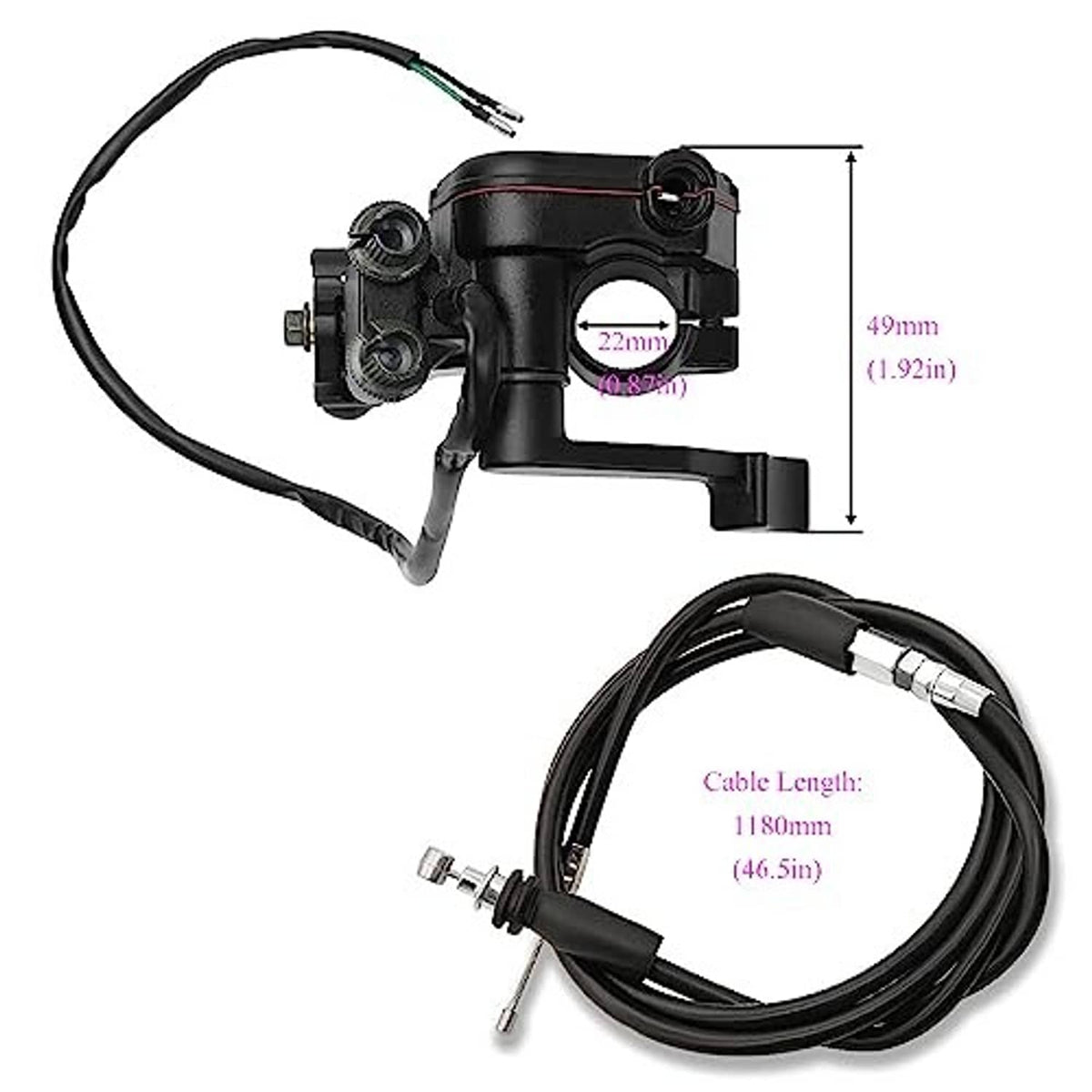 Dual brake lever thumb throttle with black housing and attached throttle cable, 22mm.