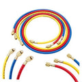 R134A A/C refrigerant charging hose set with blue, yellow, and red lines and brass fittings