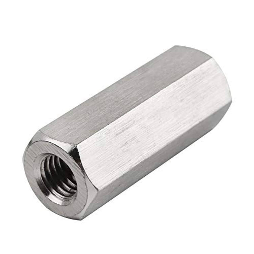 Hex coupling nut sleeve with internal thread, silver metal, M10 x 1.5 pitch, 30mm length
