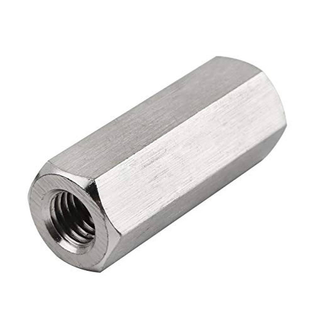 Hex coupling nut sleeve with internal thread, silver metal, M10 x 1.5 pitch, 30mm length