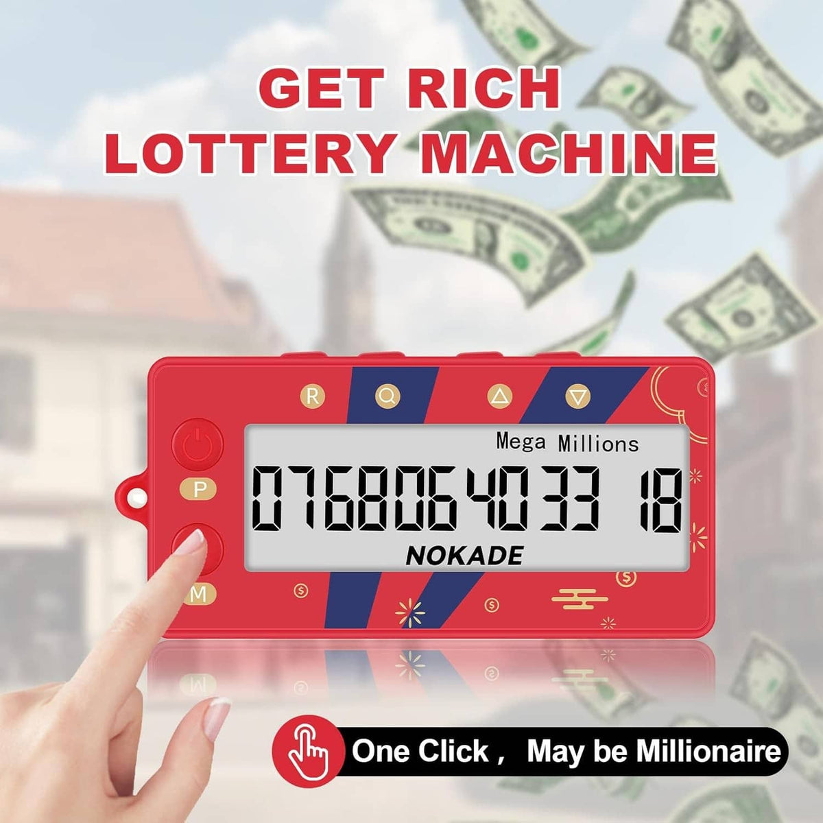Red lottery machine with Mega Millions LCD display and hand pressing a button