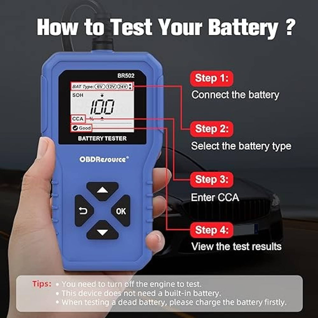 Blue battery tester with LCD showing 100 and arrow/OK button keypad