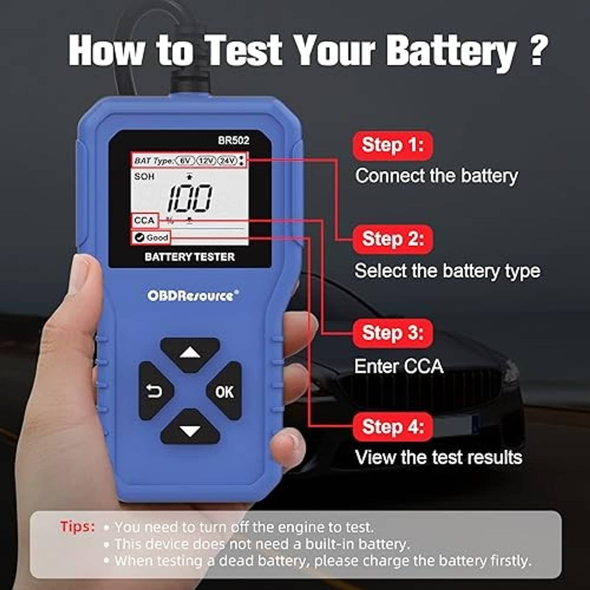Blue battery tester with LCD showing 100 and arrow/OK button keypad