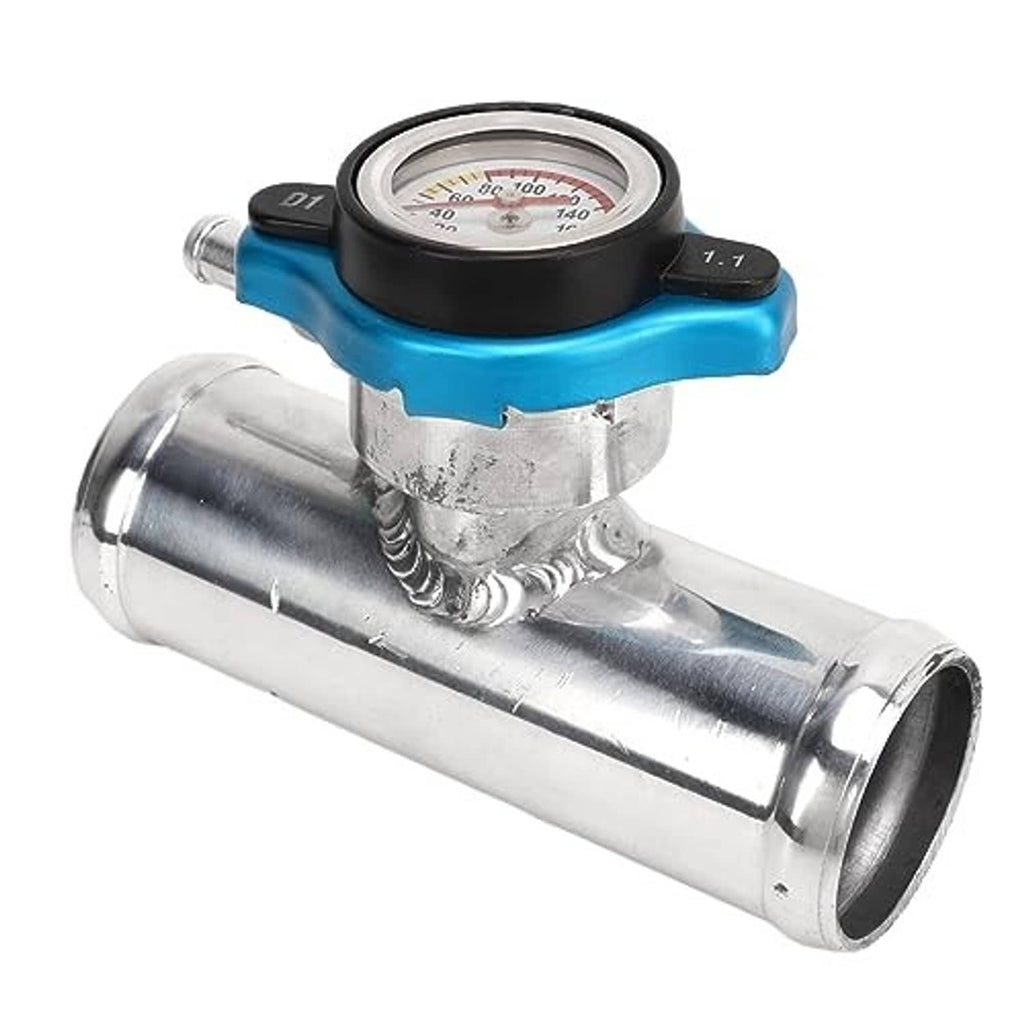 Radiator coolant filler neck with blue gauge cap and temperature dial on chrome body