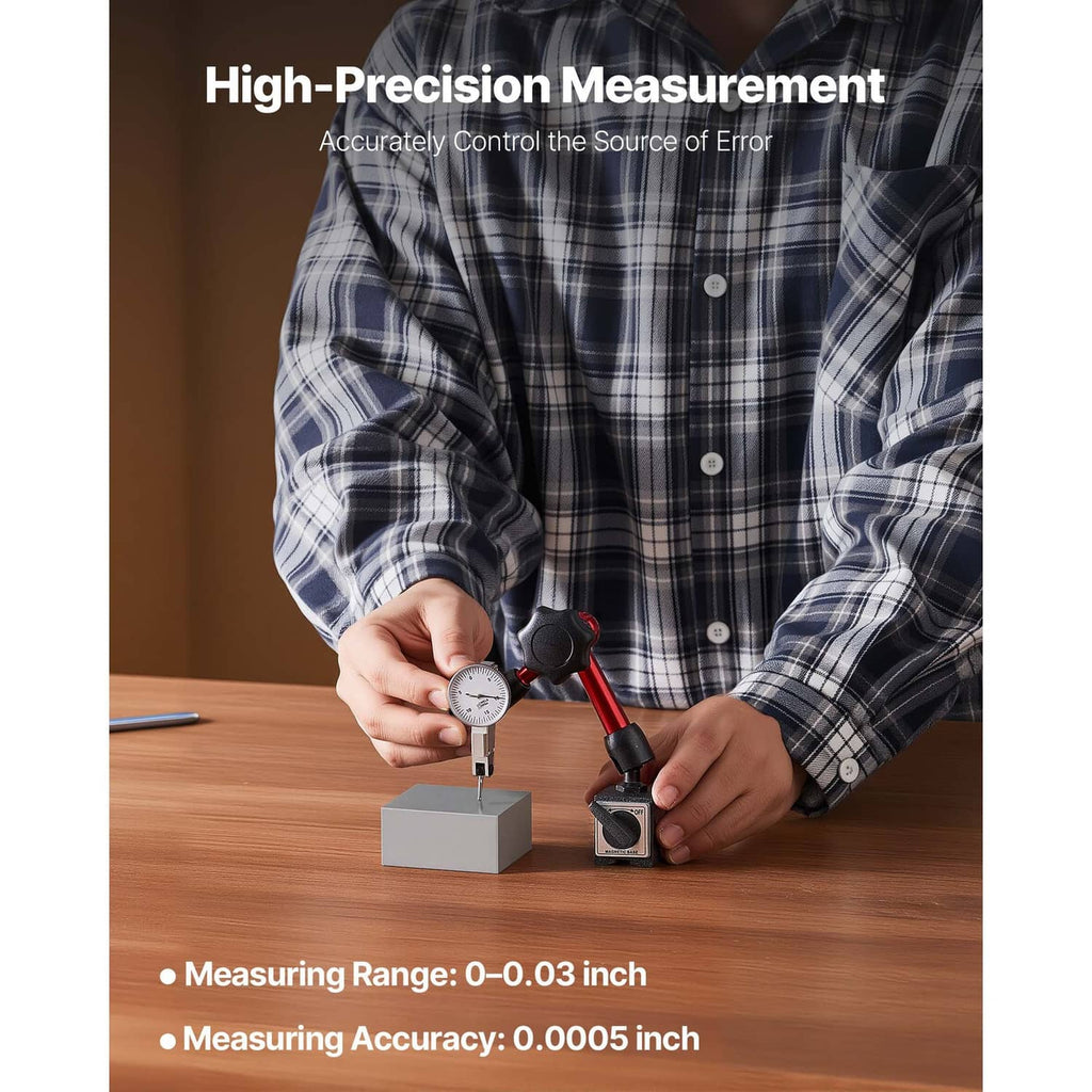Magnetic dial test indicator being used; dial probe positioned on a block for measurement