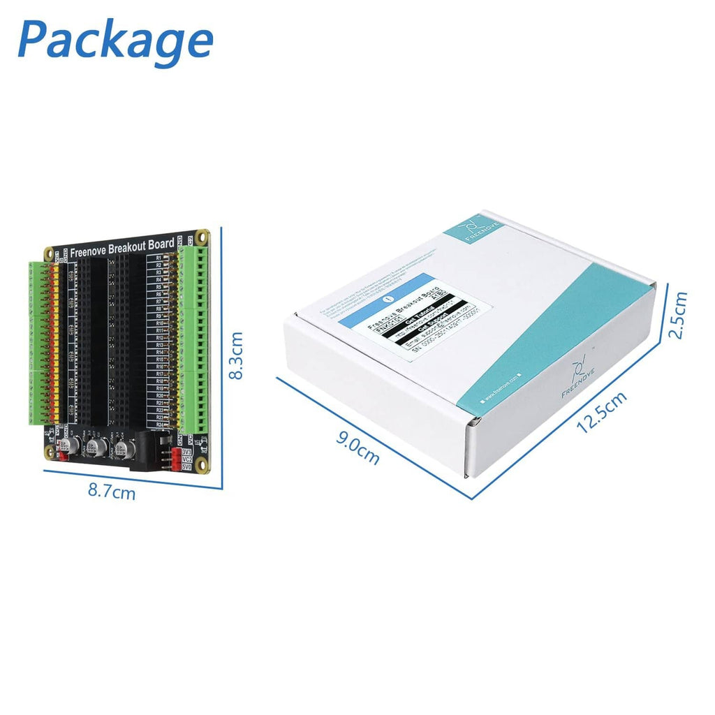 Universal breakout board and retail package box shown with size markings