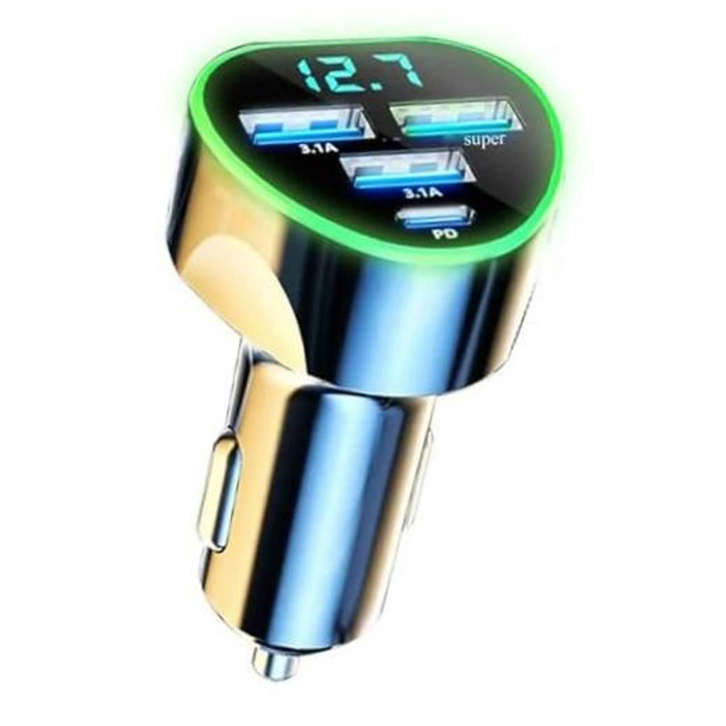 Multi-port car USB C charger with green LED voltage display and four charging ports