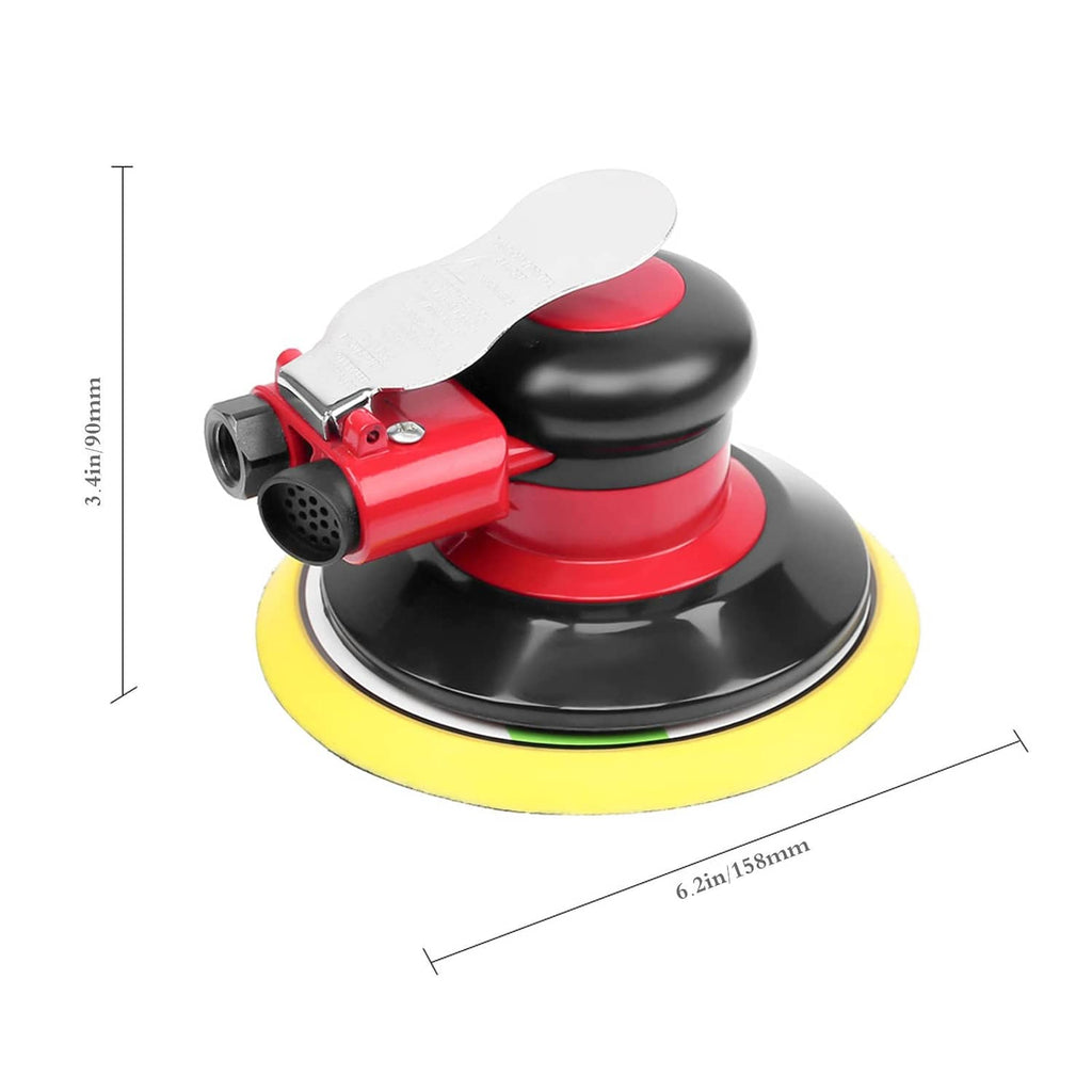 Random orbital palm sander with yellow sanding pad and red/black housing