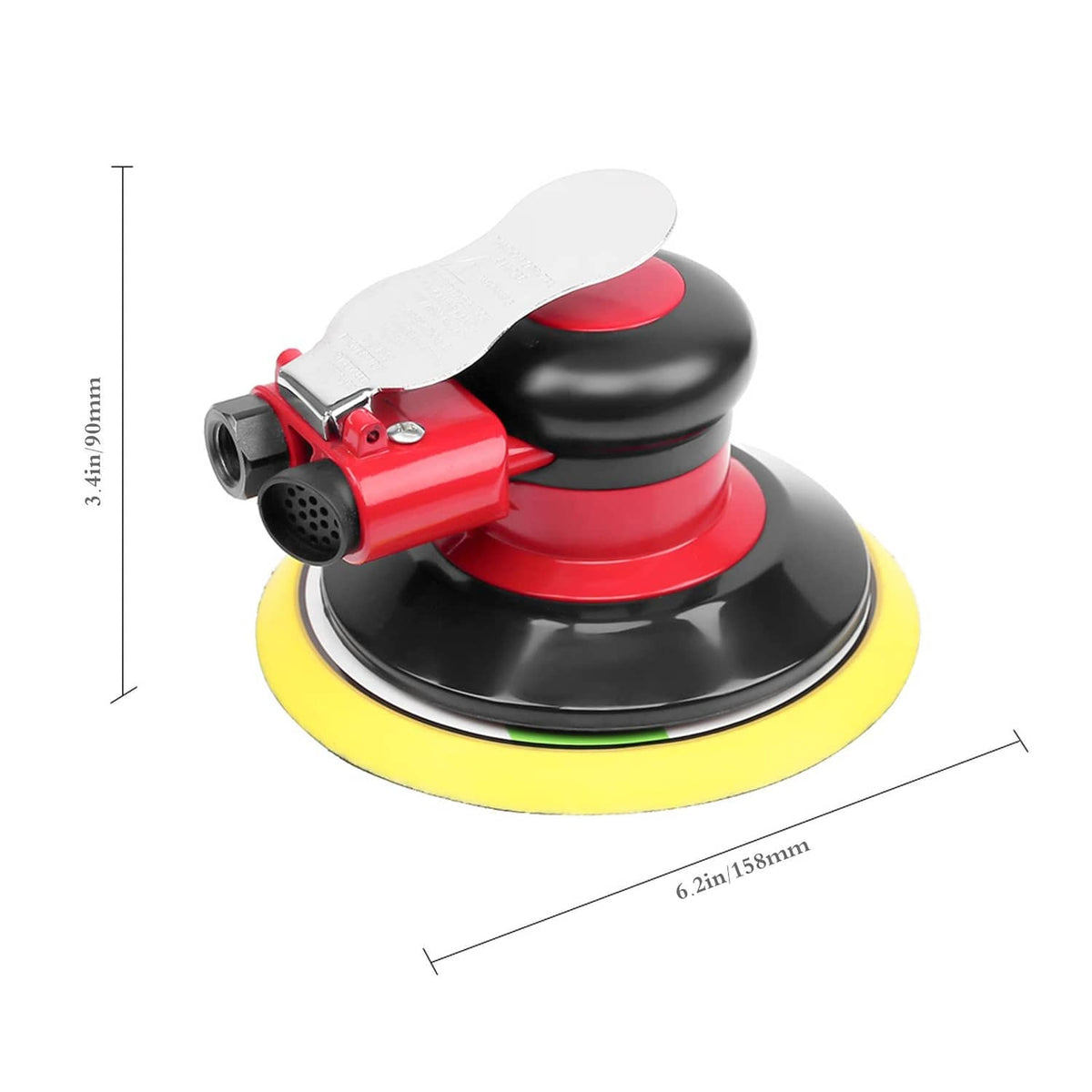 Random orbital palm sander with yellow sanding pad and red/black housing
