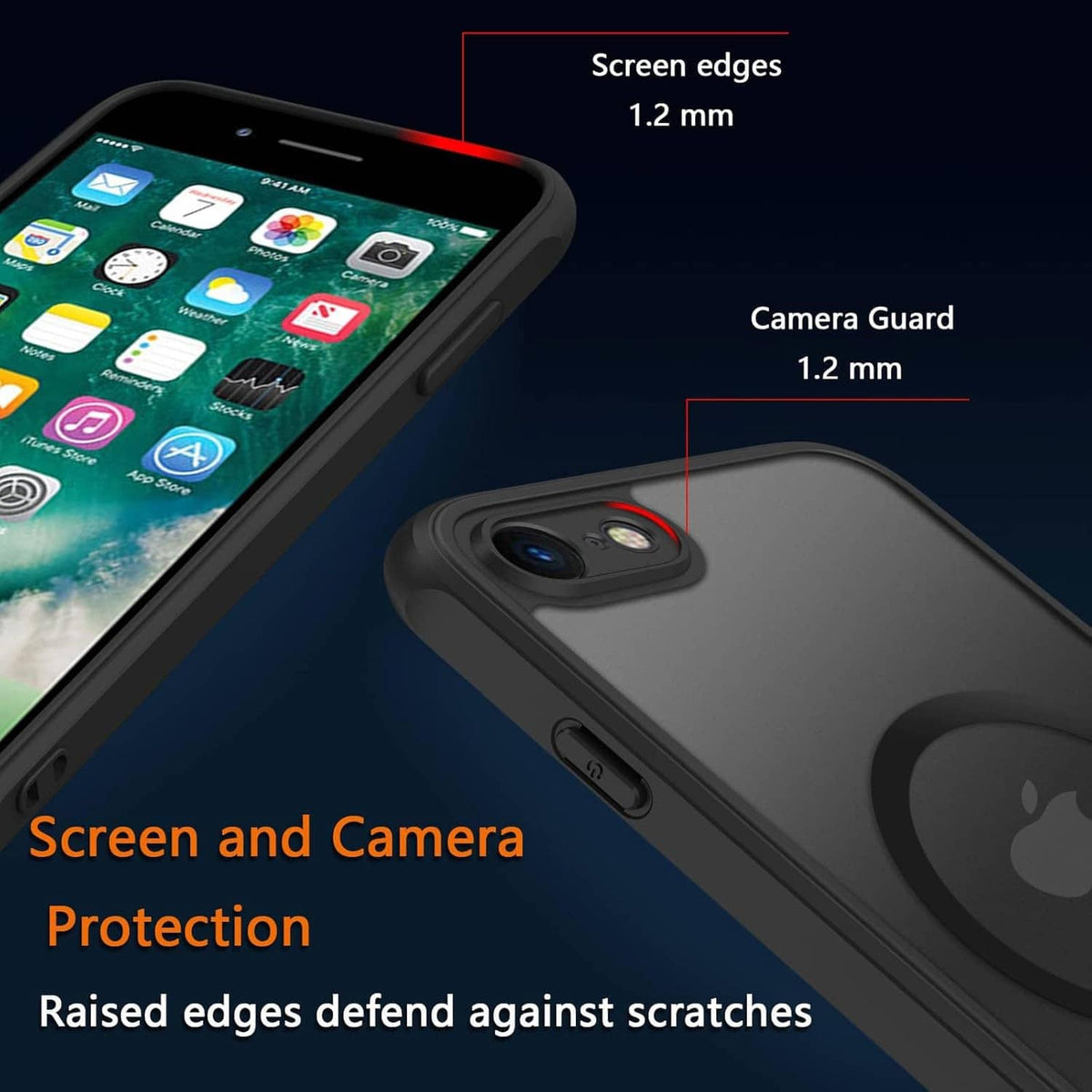 Dark translucent iPhone case showing raised screen and camera edge protection