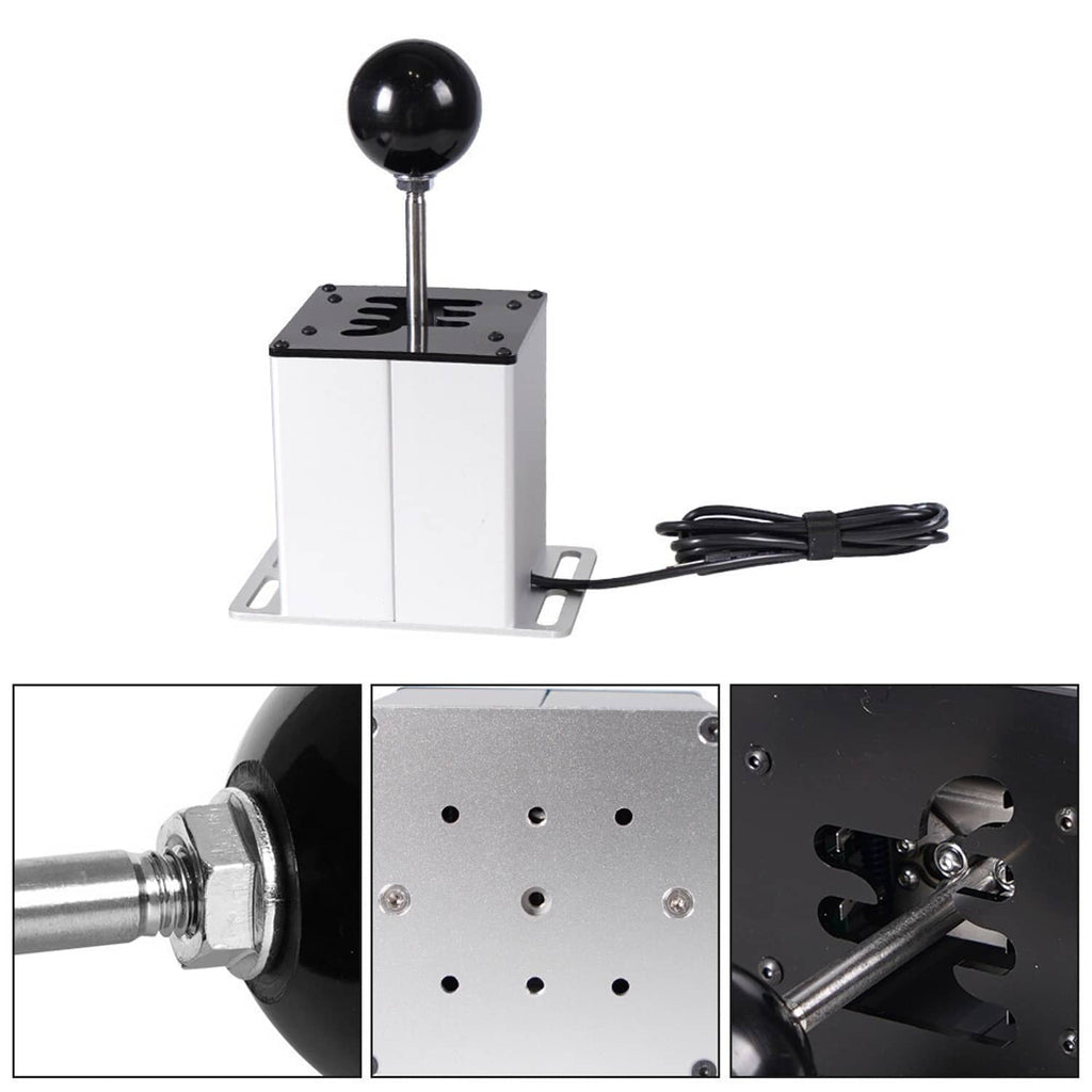 USB H-pattern gear shifter for sim racing, black knob, metal base plate, USB cable