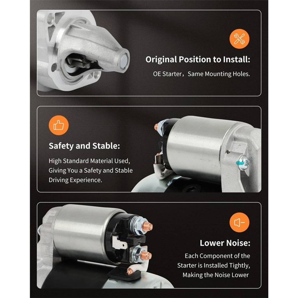Starter motor with silver mounting bracket and black solenoid housing, compact cylindrical form