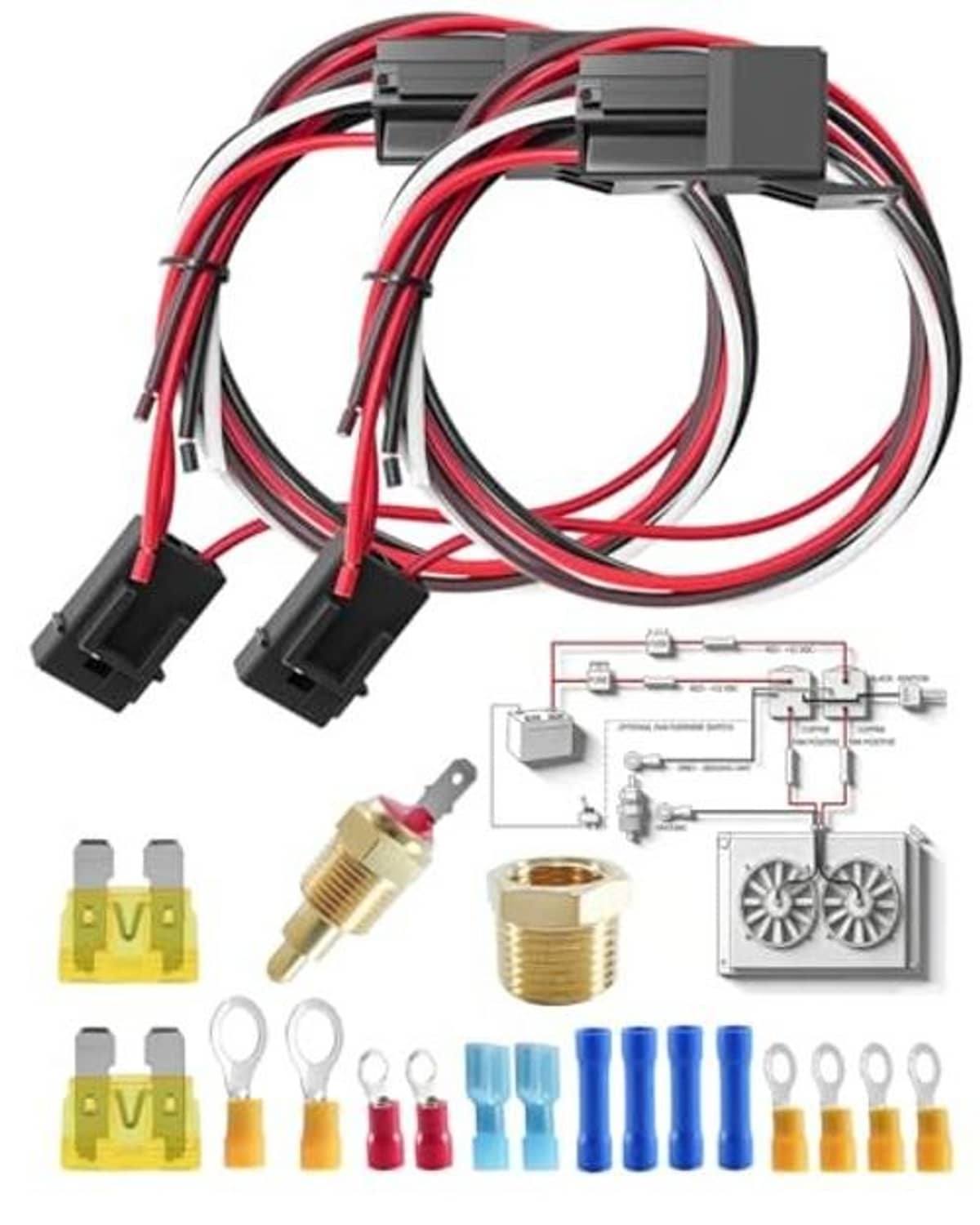Dual fan relay wiring kit with two black relays, fuse blocks, sensor, spade and ring terminals