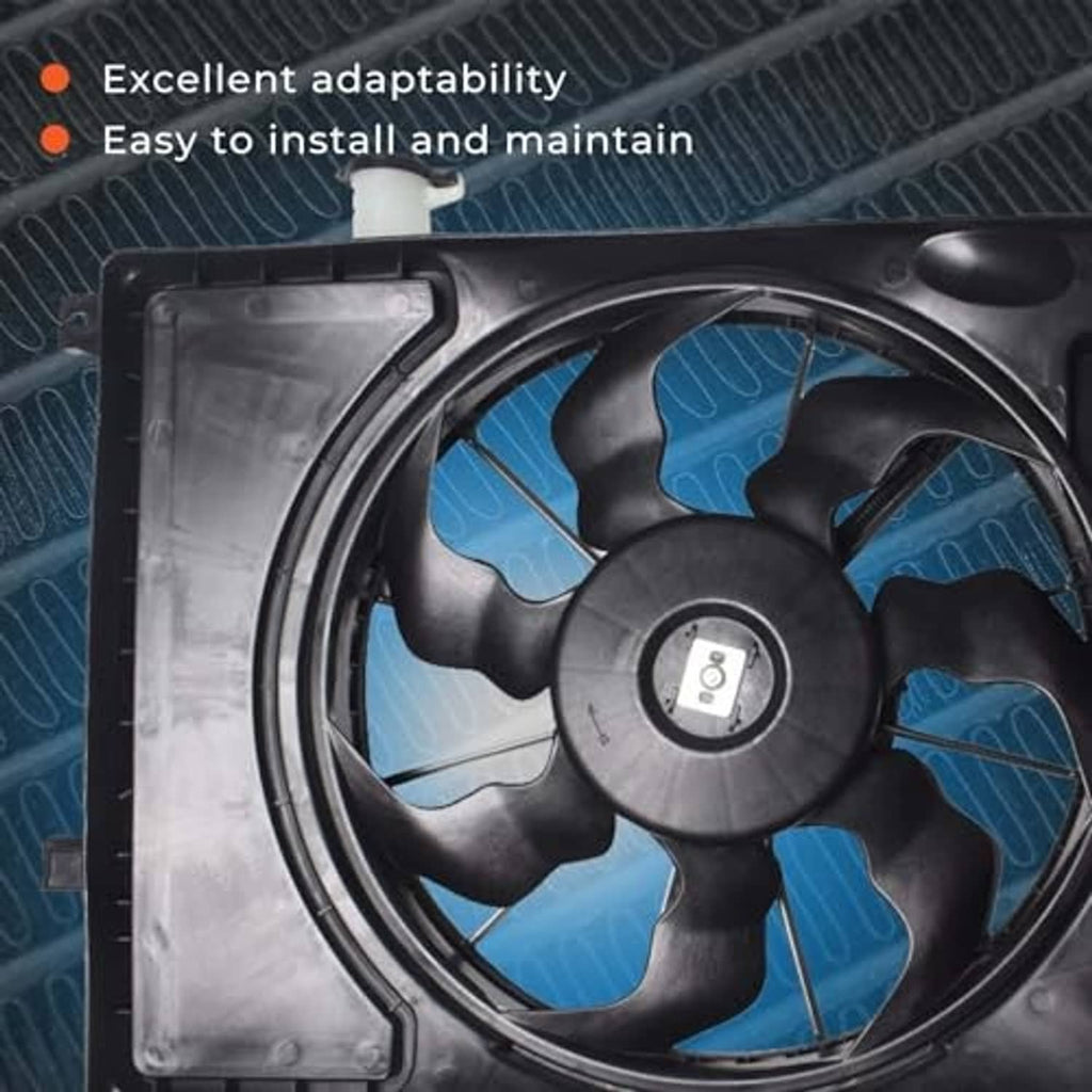 Radiator cooling fan with black frame and blue-tinted fan blades