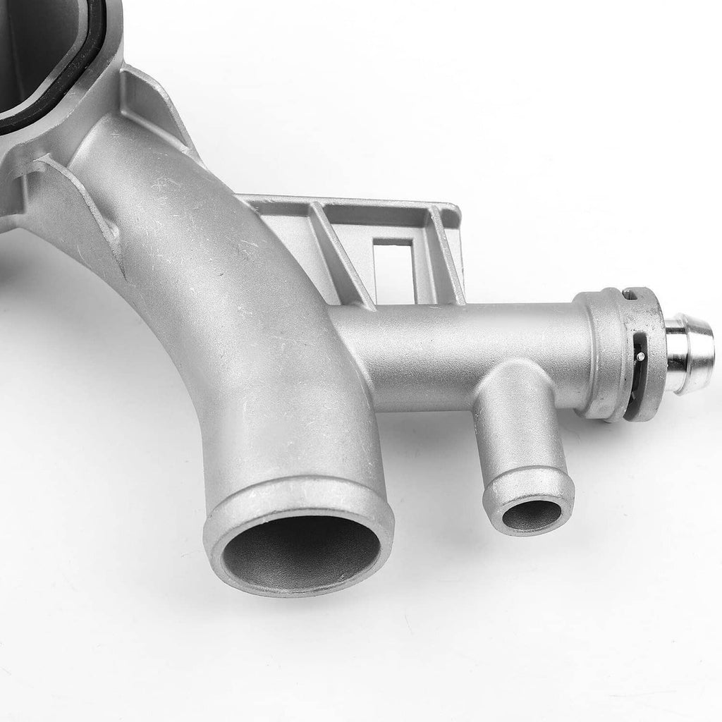 Close-up aluminum thermostat housing water outlet pipe with metal hose fitting