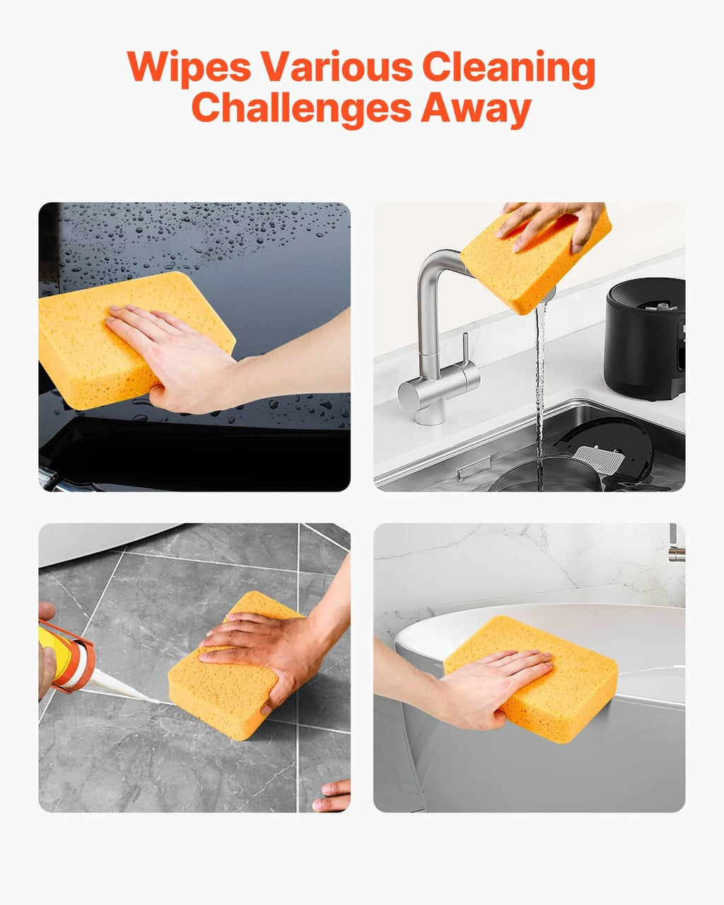 Orange-yellow cleaning sponge wiping surfaces to remove grime and dirt