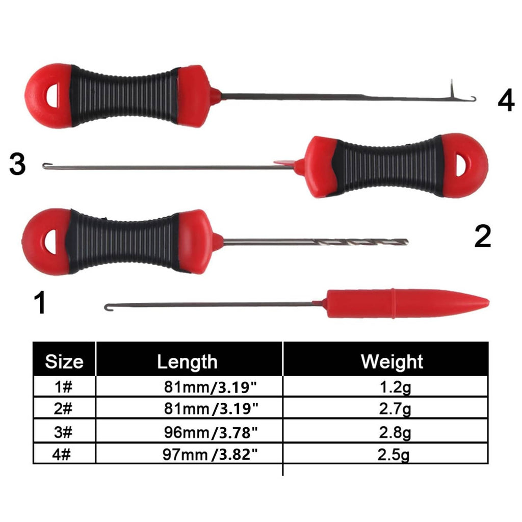 Four baiting rig tools with red needle tips and black ribbed grips