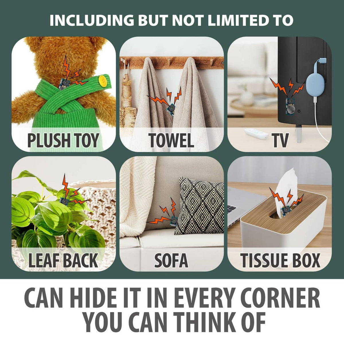 Prank noise maker infographic showing hiding spots like plush toy, towel, sofa, tissue box
