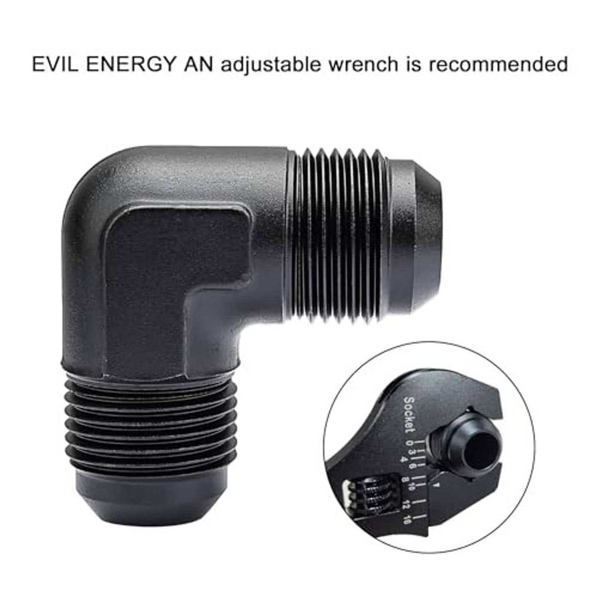 90-degree AN male-to-male flare union coupler fitting, black finish, ridged threaded ends