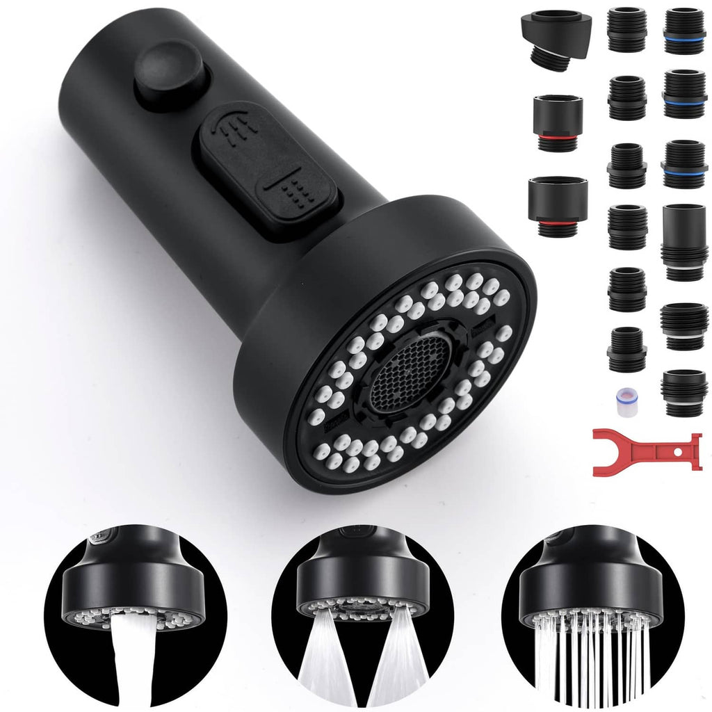 Matte black kitchen faucet head replacement with button and wide spray face, 15 adapters shown