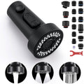 Matte black kitchen faucet head replacement with button and wide spray face, 15 adapters shown
