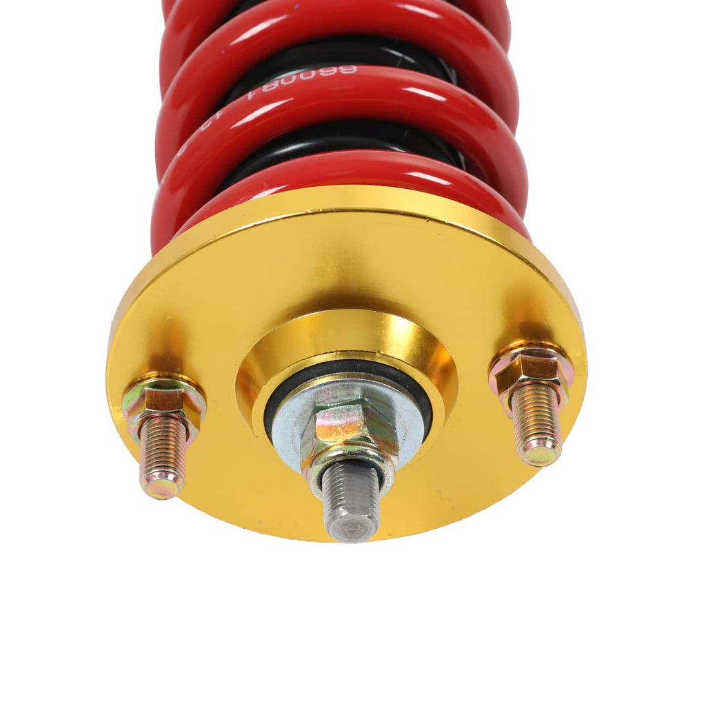 Adjustable coilover strut top with gold cap, red spring, and threaded mounting stud