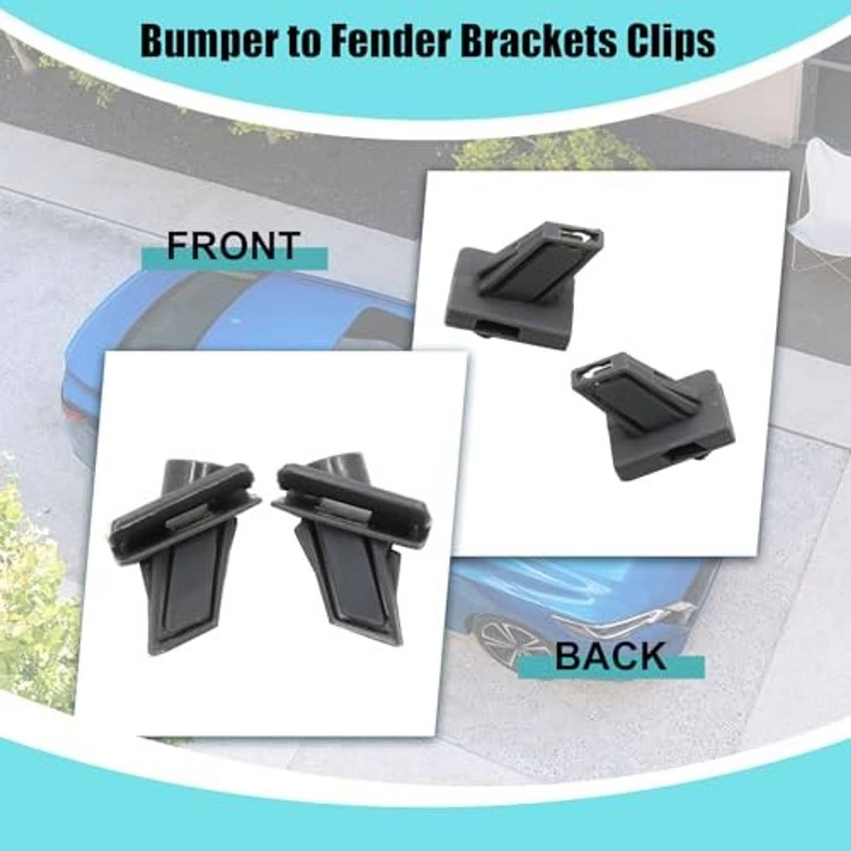 Bumper to fender bracket retainer clips, dark gray plastic pair with front/back style