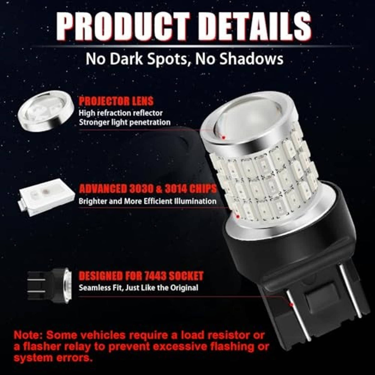 Projector-style LED brake bulb with clear lens, white LED chip array, and black housing