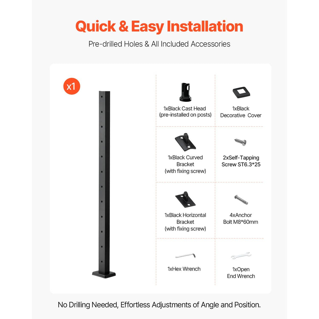 Pre-drilled railing post kit with included brackets, anchors, and wrench diagram