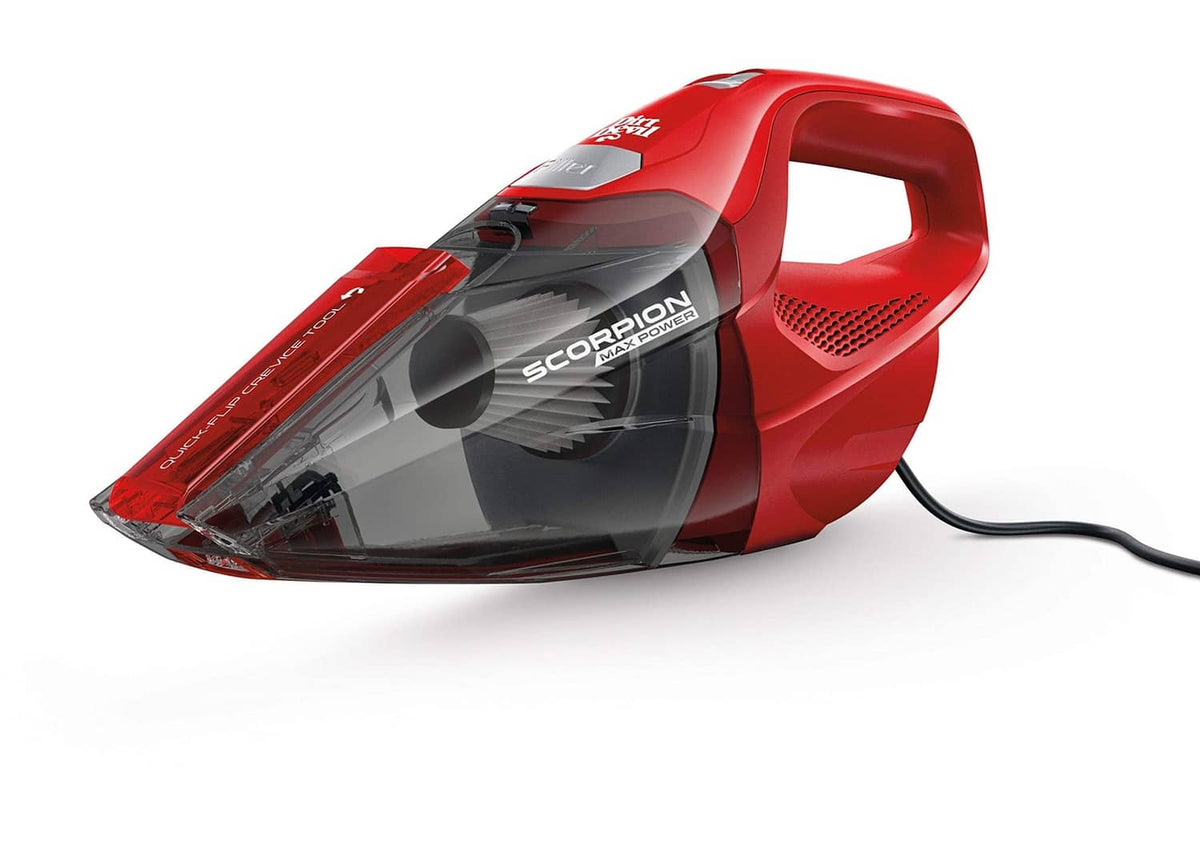 Dirt Devil Scorpion Plus handheld vacuum, red and black with transparent dust bin