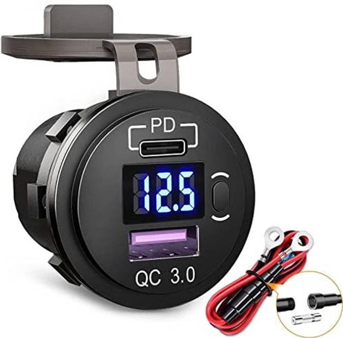 Black USB-C dual-port car charger socket with blue voltmeter display and side switch