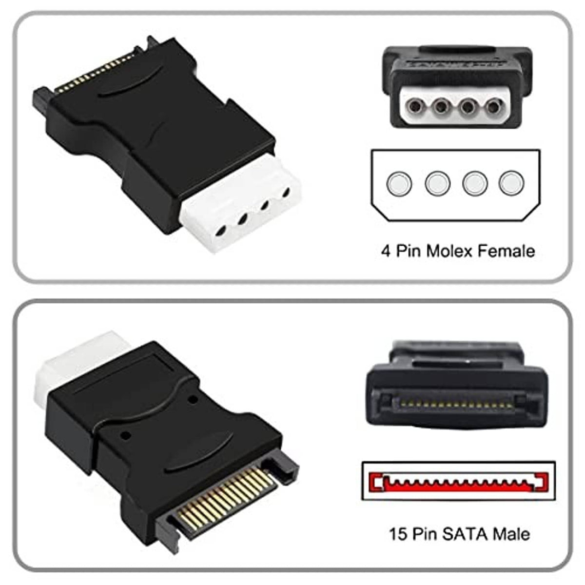 SATA 15-pin to Molex 4-pin adapter with connector close-ups, black and white