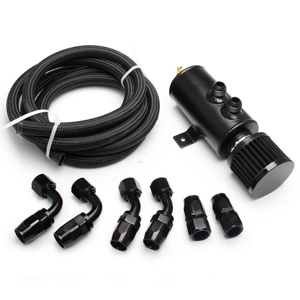 Black baffled oil catch can with braided hose and multiple black hose elbows and couplers