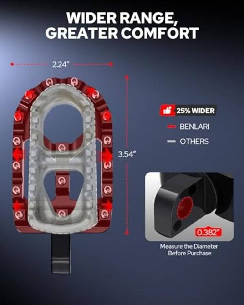 Red metal motorcycle foot peg with wide platform and measured fit diameter
