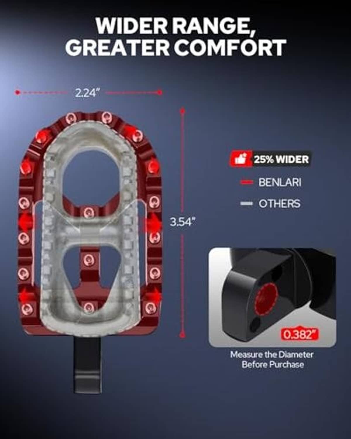 Red metal motorcycle foot peg with wide platform and measured fit diameter