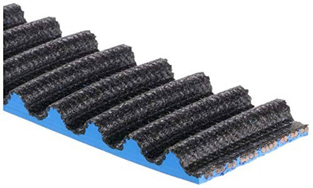 Blue timing belt with multiple black ribbed teeth, detailed edge