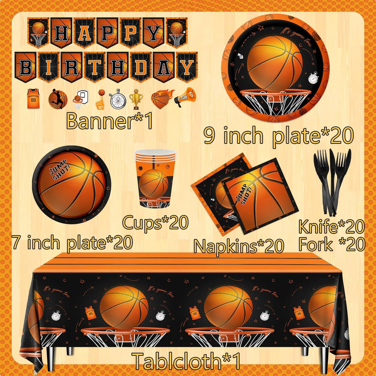 Basketball party supplies diagram: Happy Birthday banner, plates, cups, napkins, and tablecloth