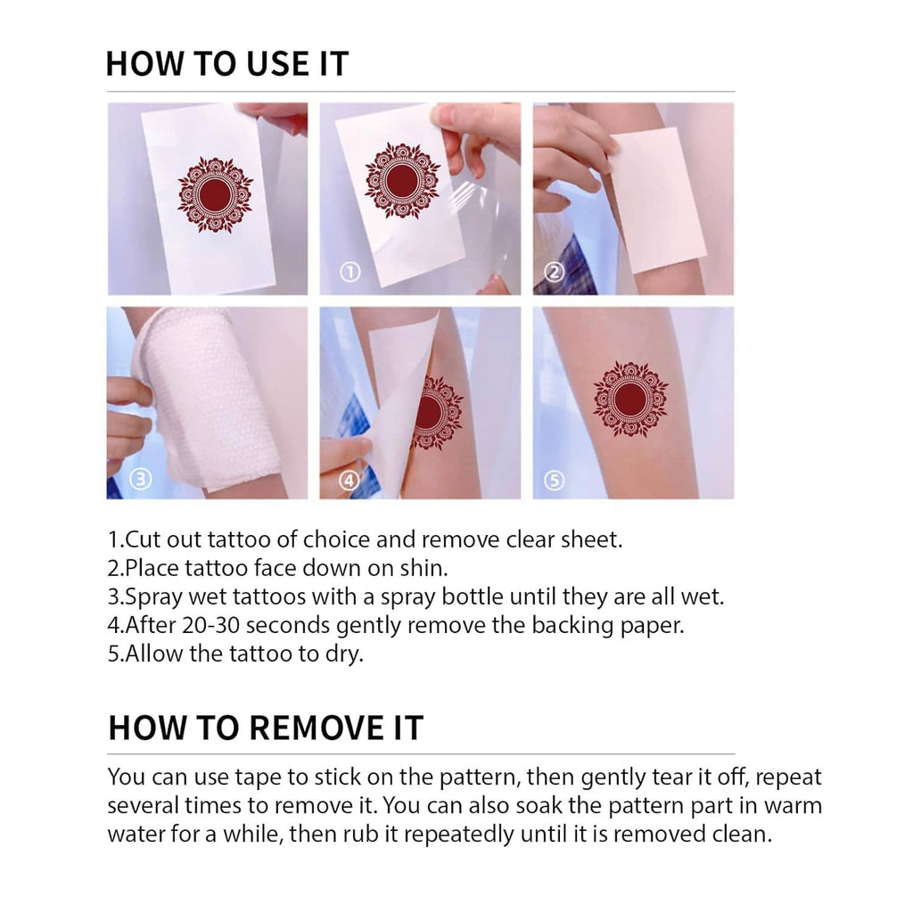 Brown henna tattoo kit instruction panel with step-by-step use and removal photos
