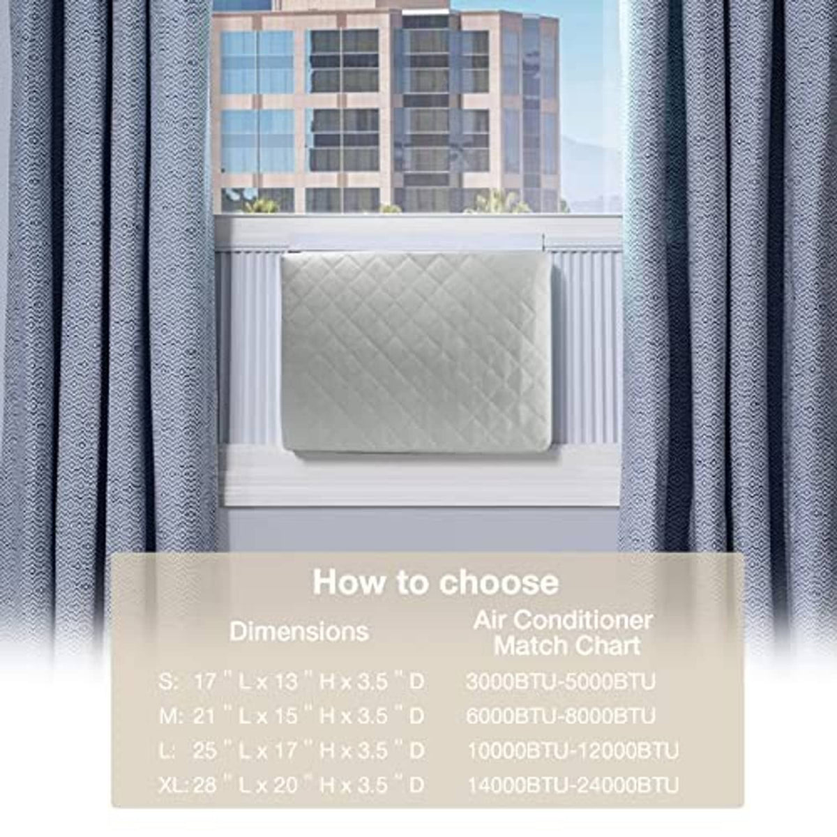 Grey quilted window AC cover centered in a window, shown with size matching chart.