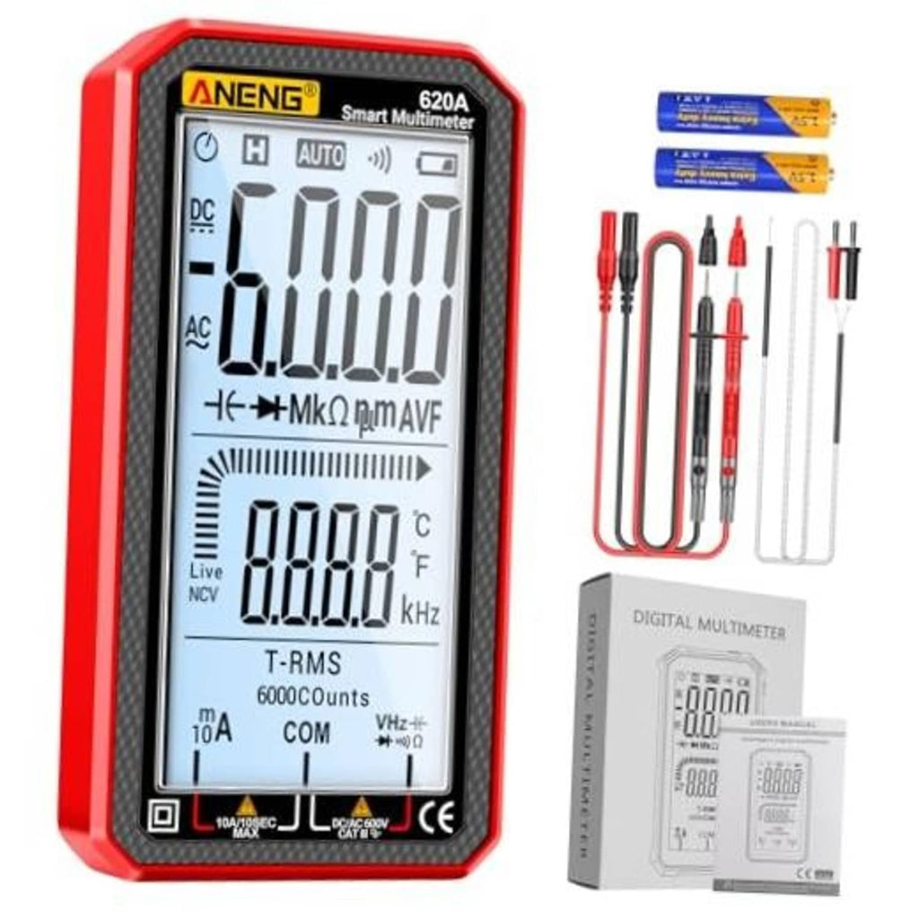 Red digital multimeter with LCD display and red-black test probe leads