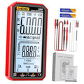 Red digital multimeter with LCD display and red-black test probe leads